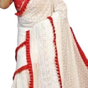 Special Red White Exclusive Chikankari Hakoba Saree With Lace Border