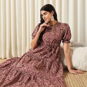 PRESHA Women's Fit and Flare Pure Cotton Long Maxi Dress