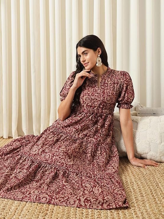 PRESHA Women's Fit and Flare Pure Cotton Long Maxi Dress