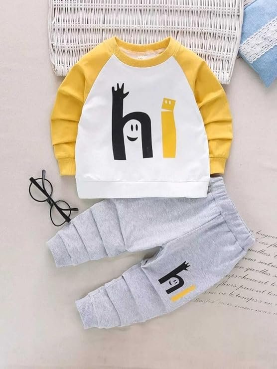 Kids Dress for Boys | Printed Round Neck Full Sleeve T-shirt and Pant Clothing Set for Baby Boys-White