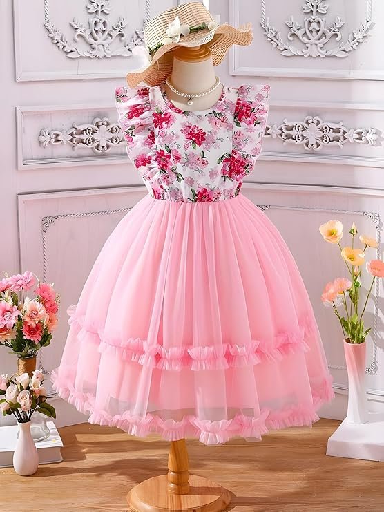 Buggu Net Flared Ruffle Sleeveless Baby Girl Frock with Floral Pattern and Round Neck A-Line Style Dress for Baby Girl