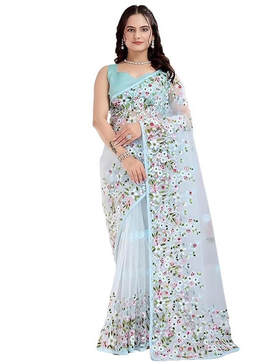 Chikankari Embroidered Saree with Delicate Piping Border and Back Lace Detailing on Saree & Blouse