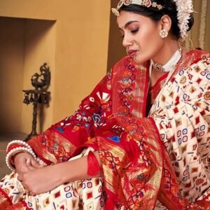 AKHILAM Women's Soft Patola Silk Ikat Print Golden Zari Border Saree With Unstitched Blouse Piece